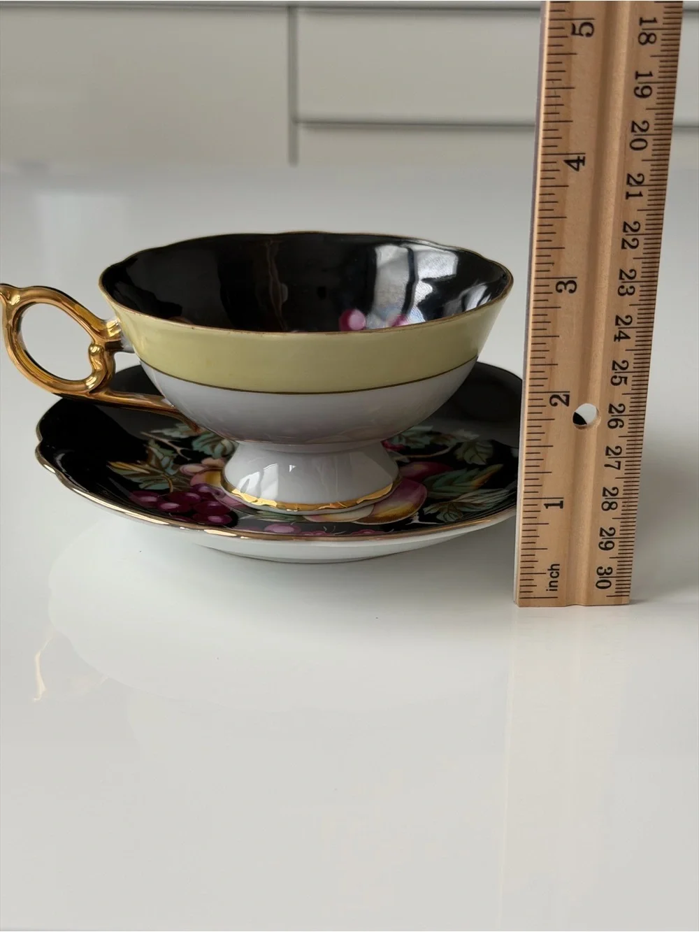 Japan Royal Sealy Vintage Porcelain Black & Gold Fruit Motif Teacup & Saucer Set